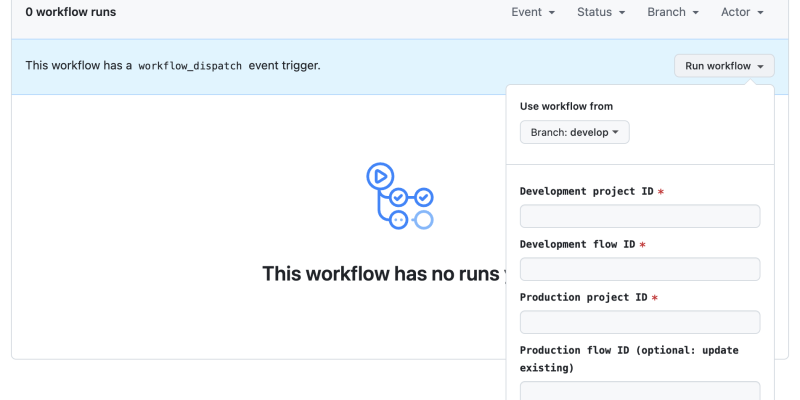 GitHub Actions の Run workflow 画面