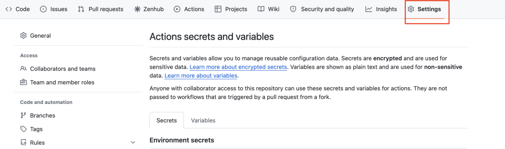 GitHub リポジトリの Settings を開く