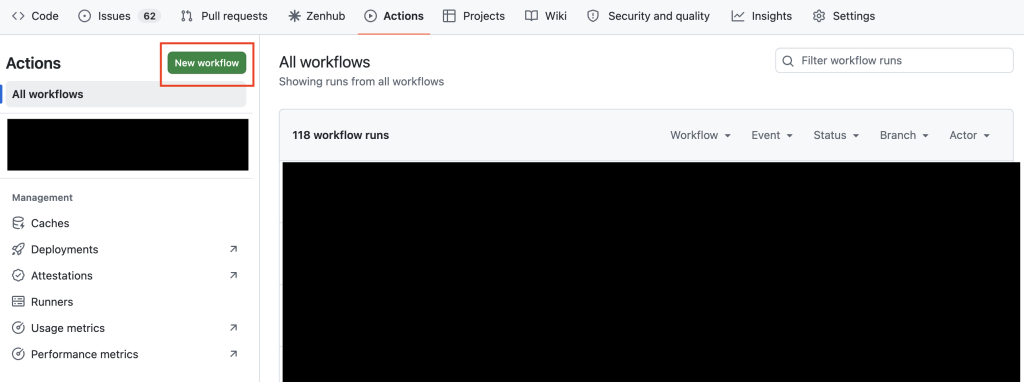 Actions タブから New workflow を開く